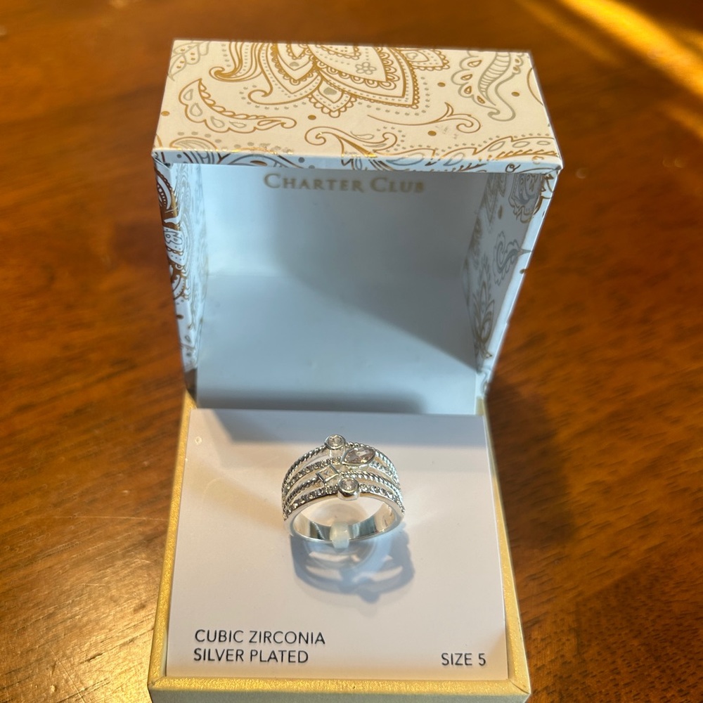 NWT Charter Club Silver Plated Ring Cubic Zirconia Size 5